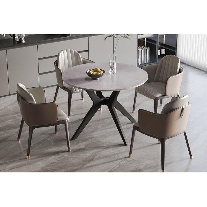 Table à manger ronde ARVENA – 110 cm – Plateau en pierre frittée – Coloris gris – Design contemporain et robuste 