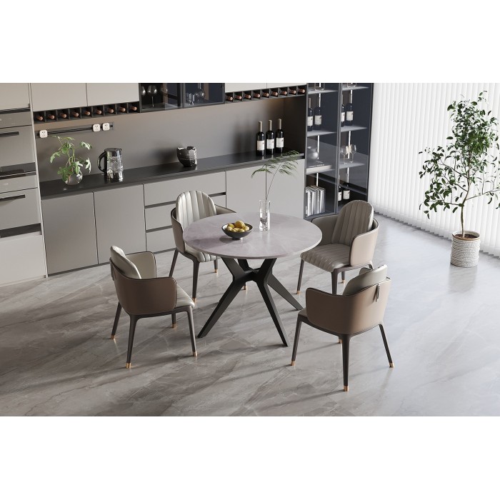 Table à manger ronde ARVENA – 110 cm – Plateau en pierre frittée – Coloris gris – Design contemporain et robuste 
