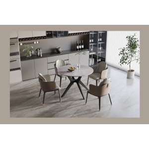Table à manger ronde ARVENA – 110 cm – Plateau en pierre frittée – Coloris gris – Design contemporain et robuste 