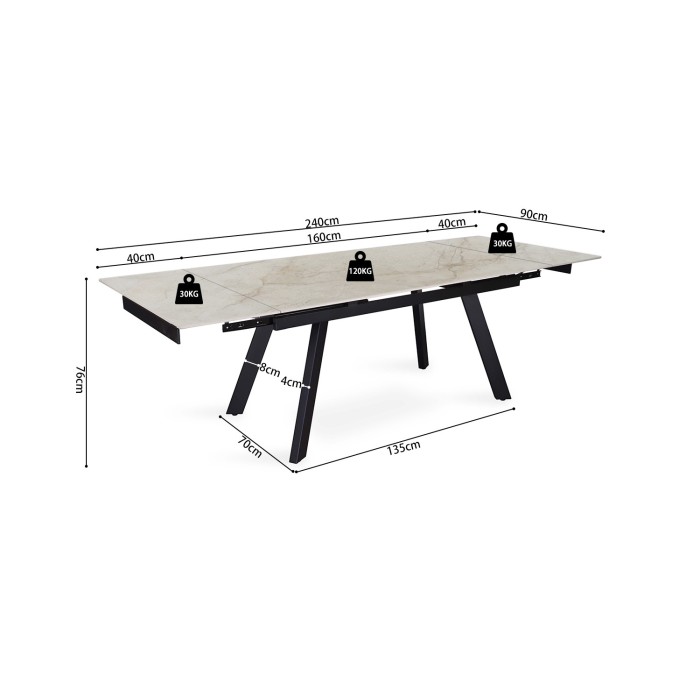 Table extensible LAROS – 160 à 240 cm – Plateau en pierre marbré beige – Structure métal – Design haut de gamme 
