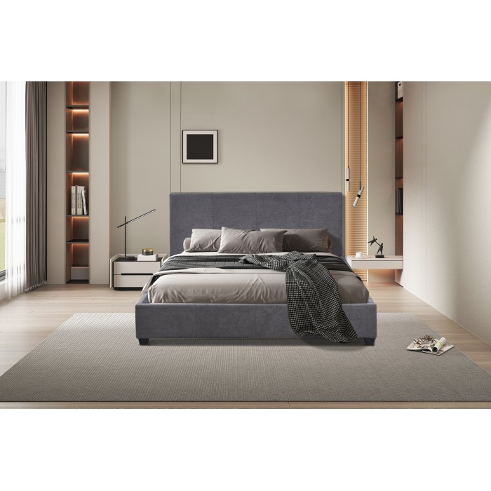 Lit double ROMA 160x200 cm – PU gris – Sommier inclus – Design moderne et confort quotidien