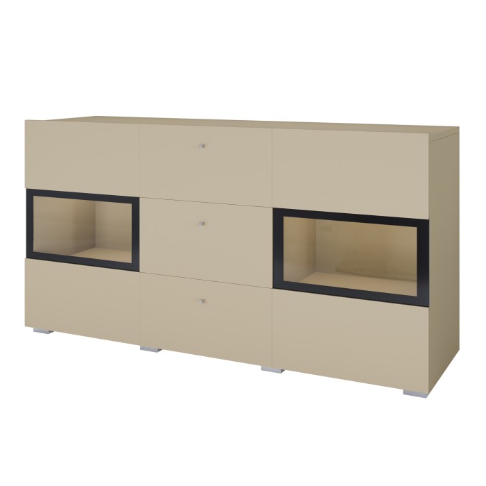 Buffet RAMOS 130 cm – Beige clair – LED multicolore intégrée – 2 portes vitrées et 3 tiroirs