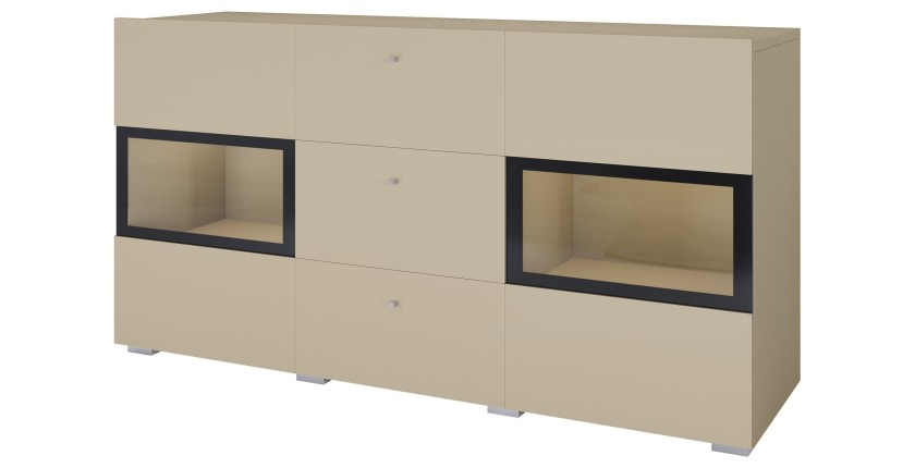 Buffet RAMOS 130 cm – Beige clair – LED multicolore intégrée – 2 portes vitrées et 3 tiroirs