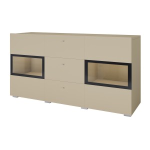 Buffet RAMOS 130 cm – Beige clair – LED multicolore intégrée – 2 portes vitrées et 3 tiroirs