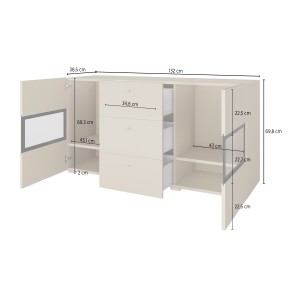Buffet RAMOS 130 cm – Beige clair – LED multicolore intégrée – 2 portes vitrées et 3 tiroirs