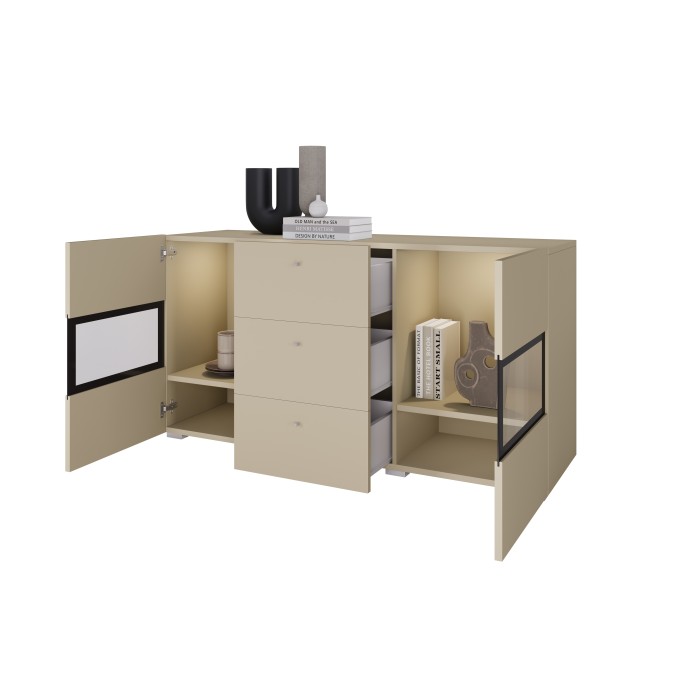 Buffet RAMOS 130 cm – Beige clair – LED multicolore intégrée – 2 portes vitrées et 3 tiroirs