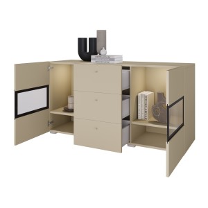 Buffet RAMOS 130 cm – Beige clair – LED multicolore intégrée – 2 portes vitrées et 3 tiroirs