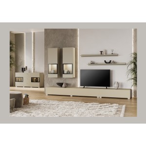 Buffet RAMOS 130 cm – Beige clair – LED multicolore intégrée – 2 portes vitrées et 3 tiroirs