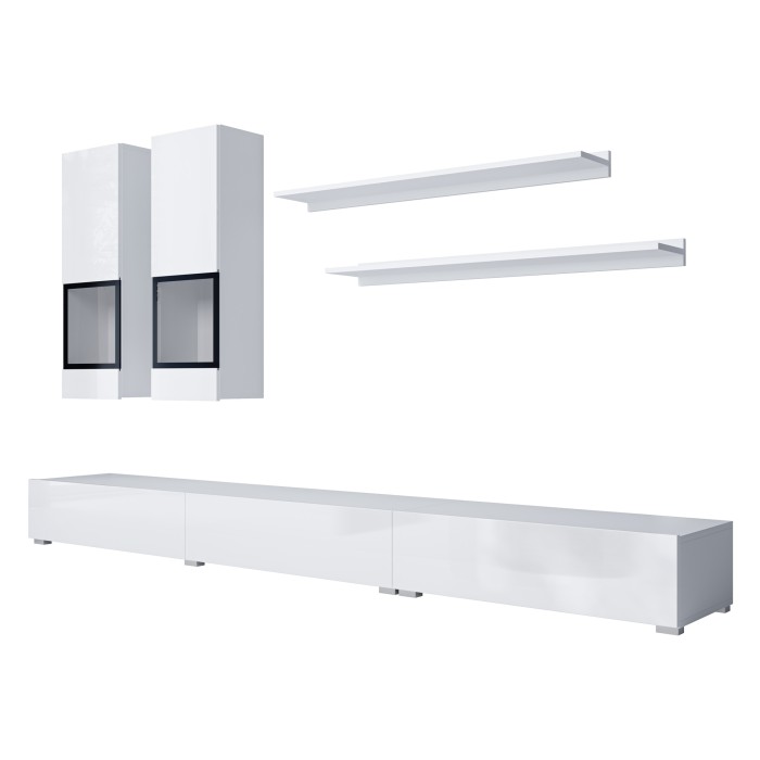 Composition murale RAMOS – Coloris blanc – Meuble TV XL, 2 vitrines et 2 étagères – Design