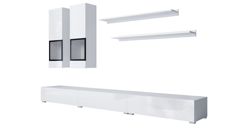 Composition murale RAMOS – Coloris blanc – Meuble TV XL, 2 vitrines et 2 étagères – Design