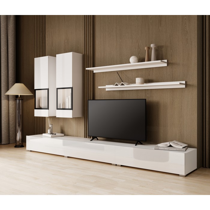 Composition murale RAMOS – Coloris blanc – Meuble TV XL, 2 vitrines et 2 étagères – Design