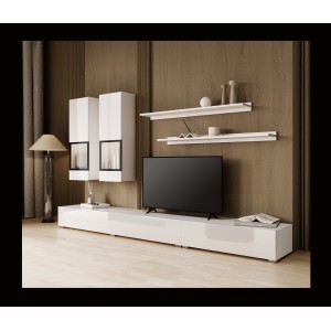 Composition murale RAMOS – Coloris blanc – Meuble TV XL, 2 vitrines et 2 étagères – Design