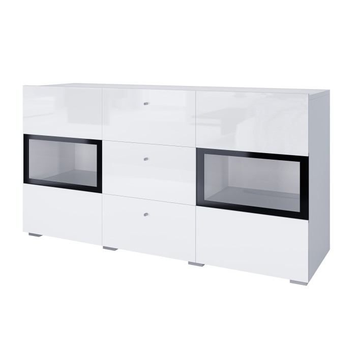 Buffet RAMOS – 2 portes vitrées + 3 tiroirs – Coloris blanc brillant et noir – LED non incluse