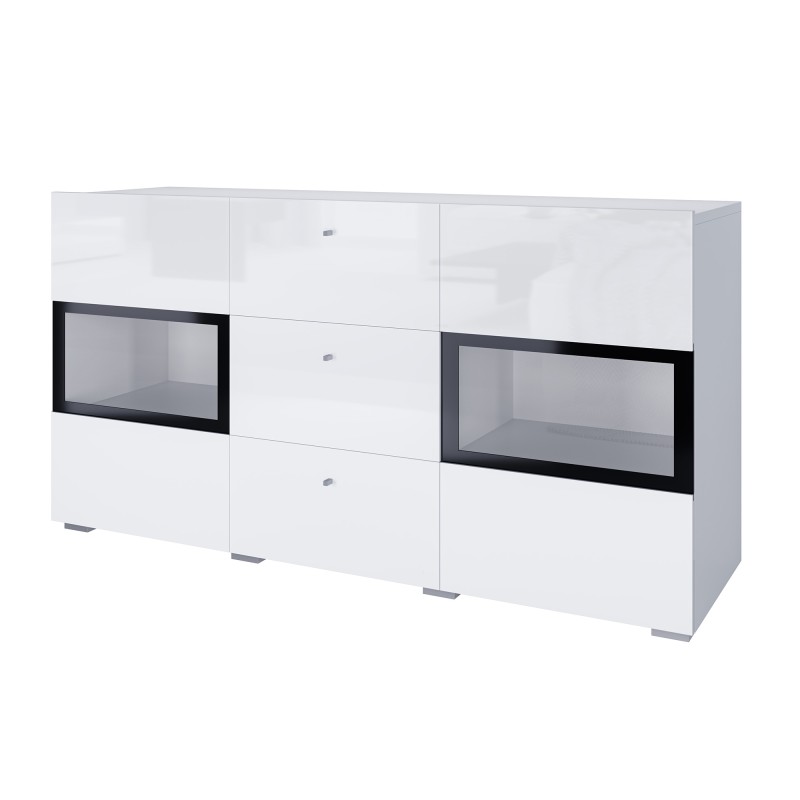 Buffet RAMOS – 2 portes vitrées + 3 tiroirs – Coloris blanc brillant et noir – LED non incluse