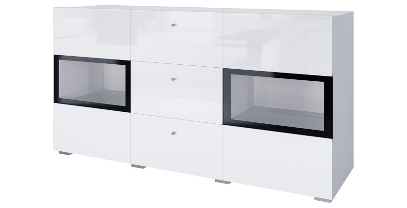 Buffet RAMOS – 2 portes vitrées + 3 tiroirs – Coloris blanc brillant et noir – LED non incluse