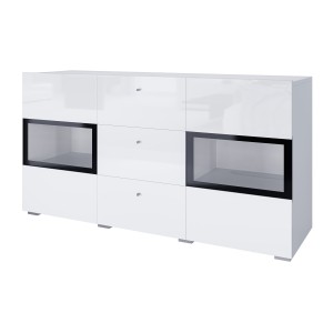 Buffet RAMOS – 2 portes vitrées + 3 tiroirs – Coloris blanc brillant et noir – LED non incluse