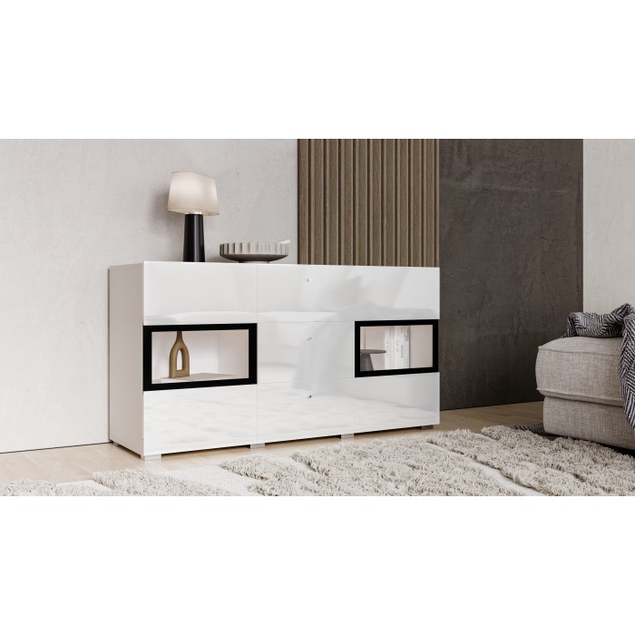 Buffet RAMOS – 2 portes vitrées + 3 tiroirs – Coloris blanc brillant et noir – LED non incluse