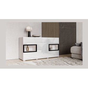 Buffet RAMOS – 2 portes vitrées + 3 tiroirs – Coloris blanc brillant et noir – LED non incluse