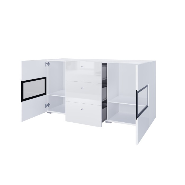 Buffet RAMOS – 2 portes vitrées + 3 tiroirs – Coloris blanc brillant et noir – LED non incluse