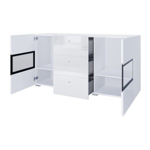 Buffet RAMOS – 2 portes vitrées + 3 tiroirs – Coloris blanc brillant et noir – LED non incluse