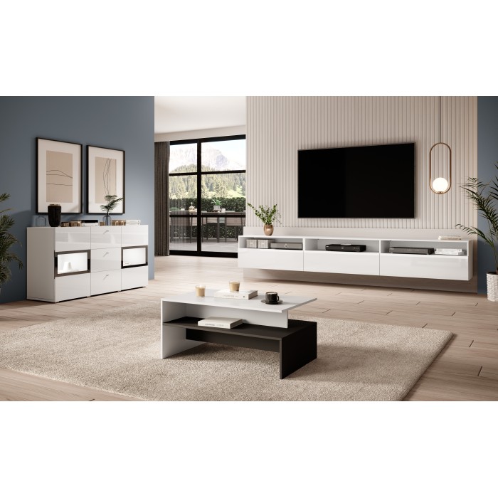 Buffet RAMOS – 2 portes vitrées + 3 tiroirs – Coloris blanc brillant et noir – LED non incluse