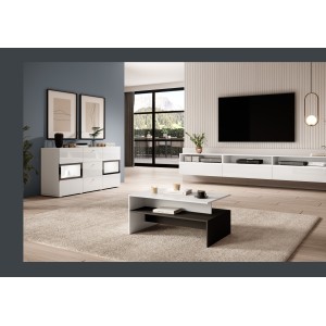 Buffet RAMOS – 2 portes vitrées + 3 tiroirs – Coloris blanc brillant et noir – LED non incluse