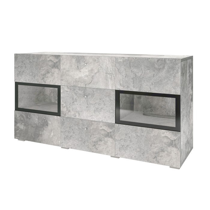 Buffet RAMOS – 2 portes vitrées + 3 tiroirs – Gris effet béton et noir – Sans LED