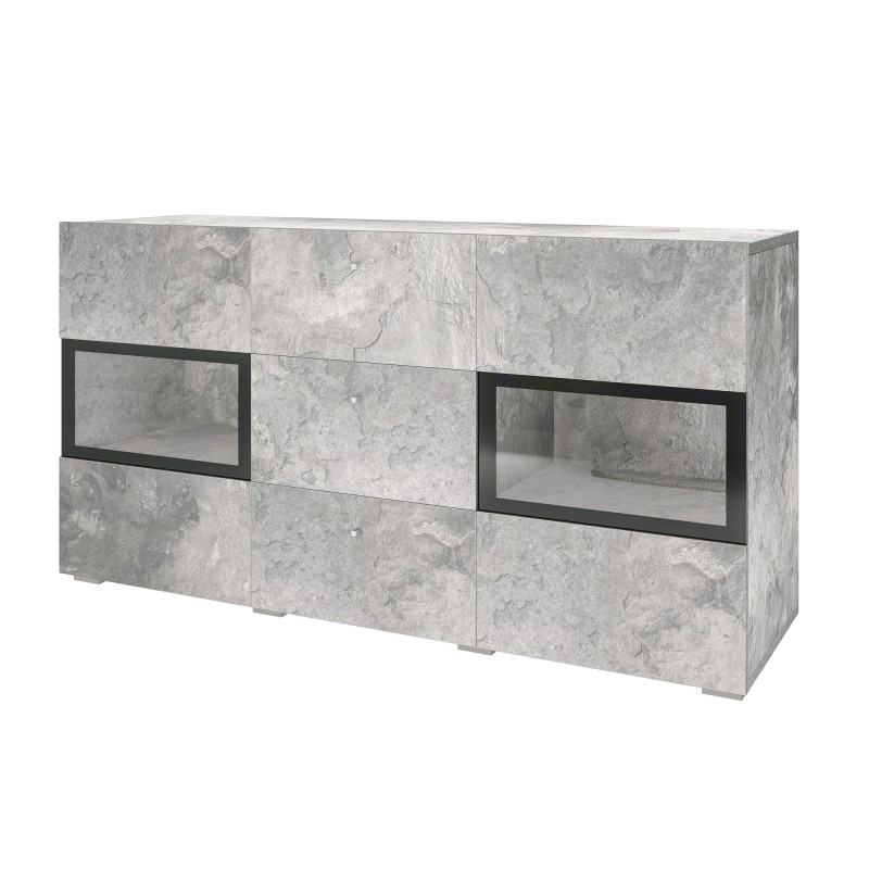 Buffet RAMOS – 2 portes vitrées + 3 tiroirs – Gris effet béton et noir – Sans LED
