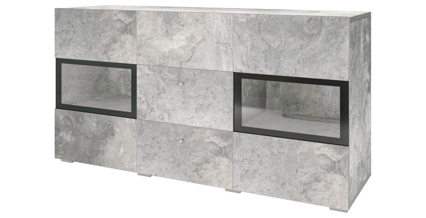 Buffet RAMOS – 2 portes vitrées + 3 tiroirs – Gris effet béton et noir – Sans LED