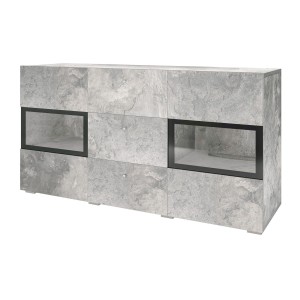 Buffet RAMOS – 2 portes vitrées + 3 tiroirs – Gris effet béton et noir – Sans LED