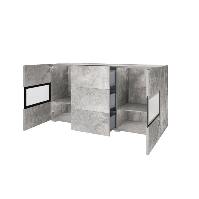 Buffet RAMOS – 2 portes vitrées + 3 tiroirs – Gris effet béton et noir – Sans LED