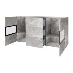 Buffet RAMOS – 2 portes vitrées + 3 tiroirs – Gris effet béton et noir – Sans LED
