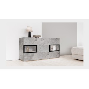 Buffet RAMOS – 2 portes vitrées + 3 tiroirs – Gris effet béton et noir – Sans LED