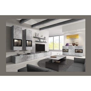 Buffet RAMOS – 2 portes vitrées + 3 tiroirs – Gris effet béton et noir – Sans LED