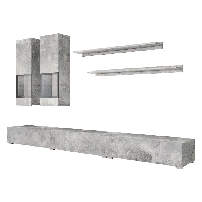 Ensemble salon mural RAMOS – Gris effet béton – Meuble TV XL + vitrines + étagères – Sans LED