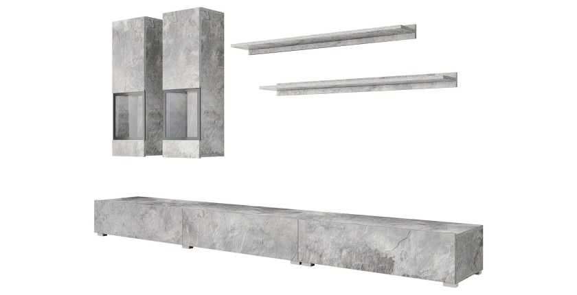 Ensemble salon mural RAMOS – Gris effet béton – Meuble TV XL + vitrines + étagères – Sans LED