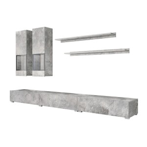 Ensemble salon mural RAMOS – Gris effet béton – Meuble TV XL + vitrines + étagères – Sans LED