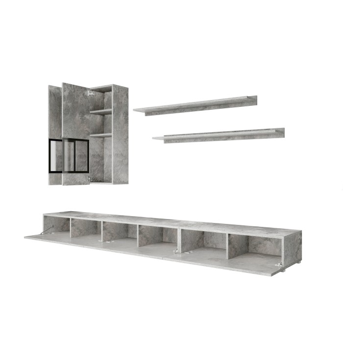 Ensemble salon mural RAMOS – Gris effet béton – Meuble TV XL + vitrines + étagères – Sans LED