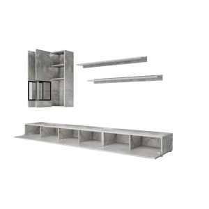 Ensemble salon mural RAMOS – Gris effet béton – Meuble TV XL + vitrines + étagères – Sans LED