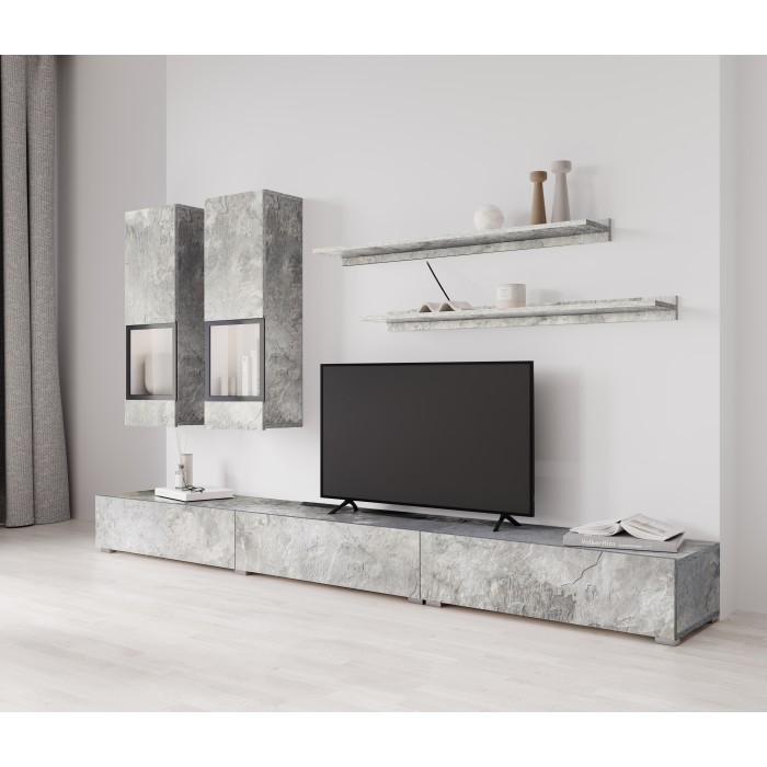 Ensemble salon mural RAMOS – Gris effet béton – Meuble TV XL + vitrines + étagères – Sans LED