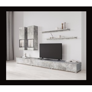 Ensemble salon mural RAMOS – Gris effet béton – Meuble TV XL + vitrines + étagères – Sans LED