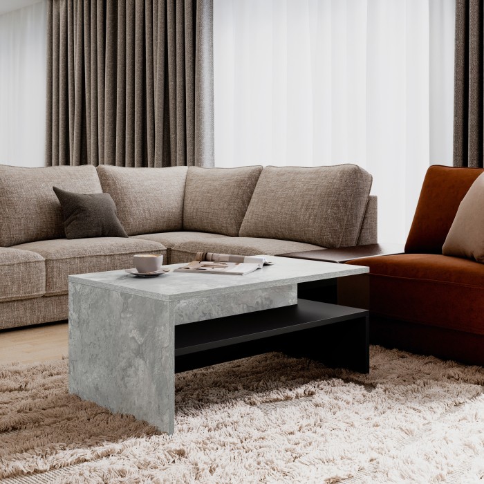 Table basse design RAMOS – Gris effet béton et noir – Plateau avec rangement – 100 x 60 cm