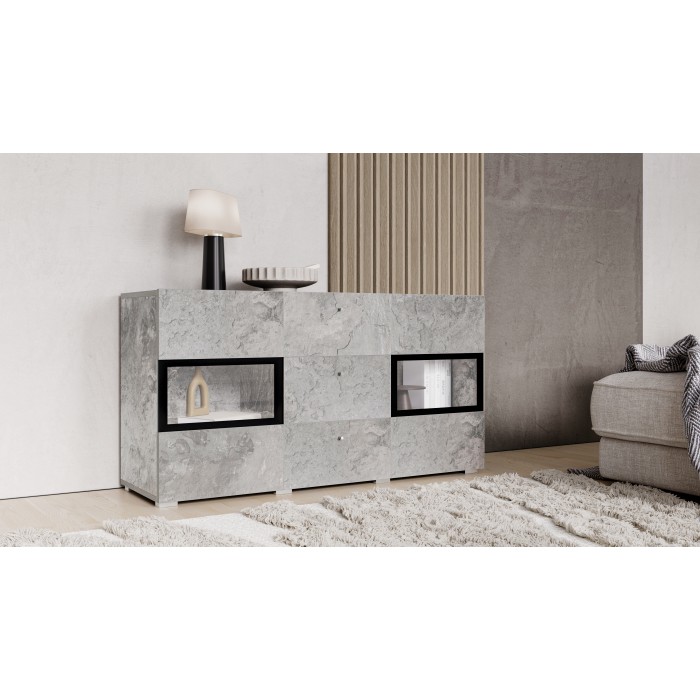 Buffet RAMOS – Gris effet béton et noir – LED multicolores incluses – 2 portes vitrées + 3 tiroirs