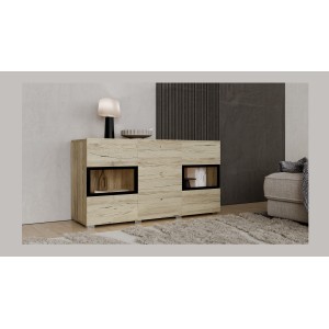 Buffet RAMOS – Chêne et noir – LED multicolores intégrées – 2 portes vitrées + 3 tiroirs - Style contemporain