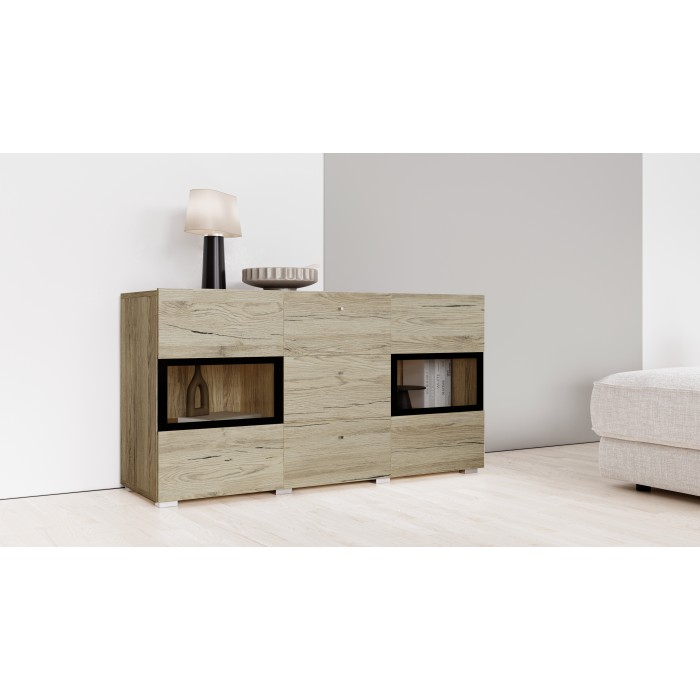 Buffet RAMOS – 2 portes vitrées + 3 tiroirs – Coloris chêne et noir – Design contemporain – LED non incluse