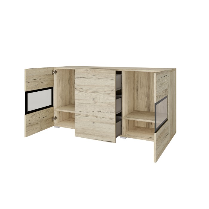 Buffet RAMOS – 2 portes vitrées + 3 tiroirs – Coloris chêne et noir – Design contemporain – LED non incluse
