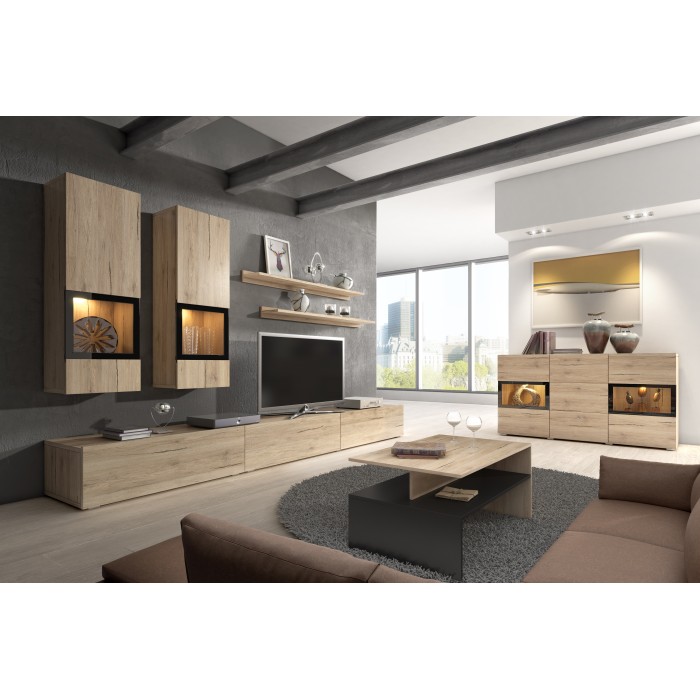 Buffet RAMOS – 2 portes vitrées + 3 tiroirs – Coloris chêne et noir – Design contemporain – LED non incluse