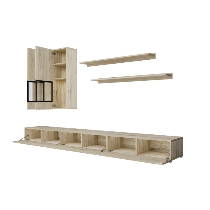 Ensemble meubles de salon RAMOS – Coloris chêne et noir – Meuble TV, vitrines, étagères – Sans LED