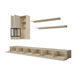 Ensemble meubles de salon RAMOS – Coloris chêne et noir – Meuble TV, vitrines, étagères – Sans LED