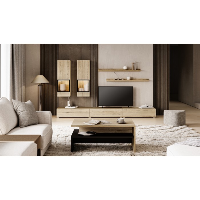 Ensemble meubles de salon RAMOS – Coloris chêne et noir – Meuble TV, vitrines, étagères – Sans LED